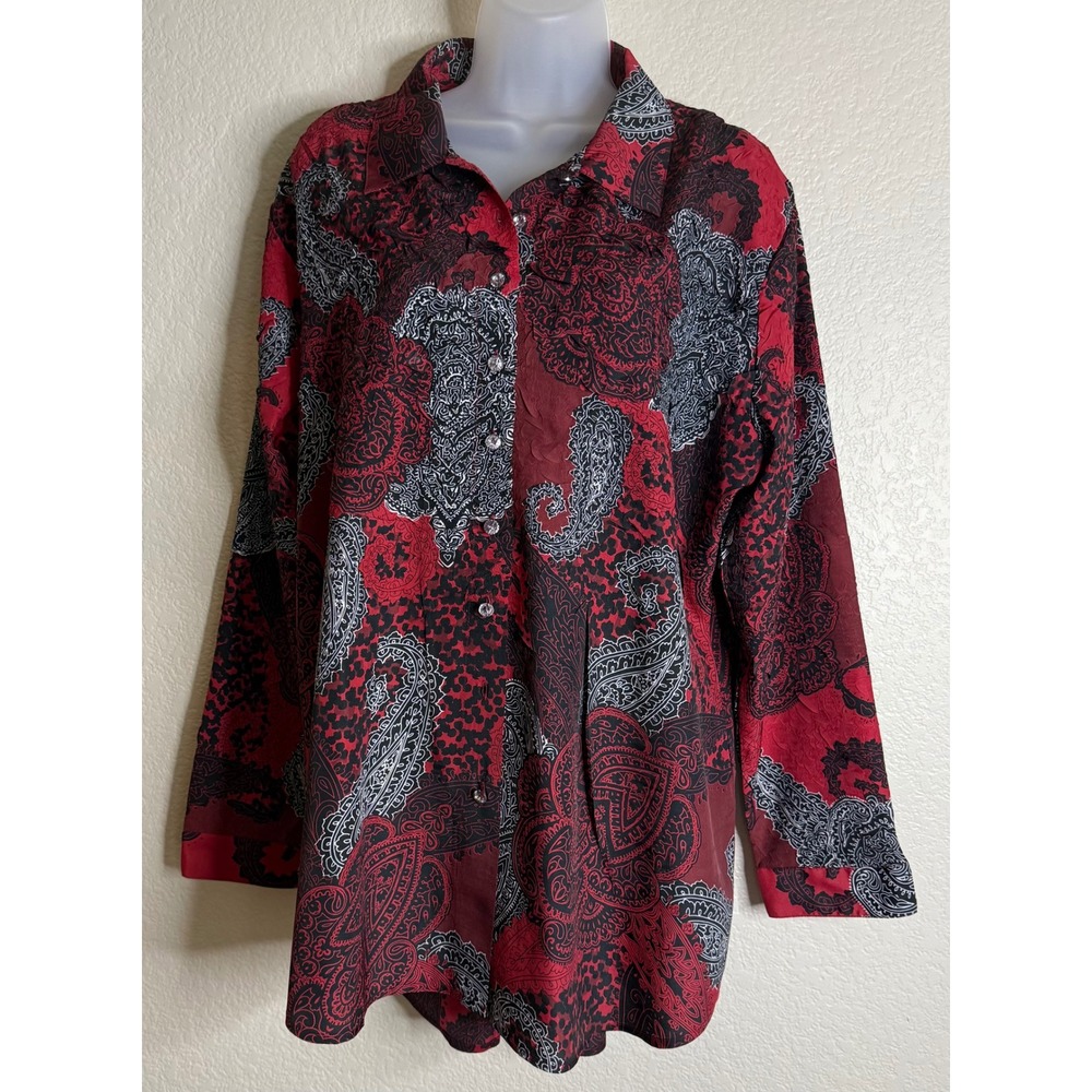Chicos 3‎ US XL Button Down Shirt Red Paisley Leopard Crinkle Tunic Blouse
